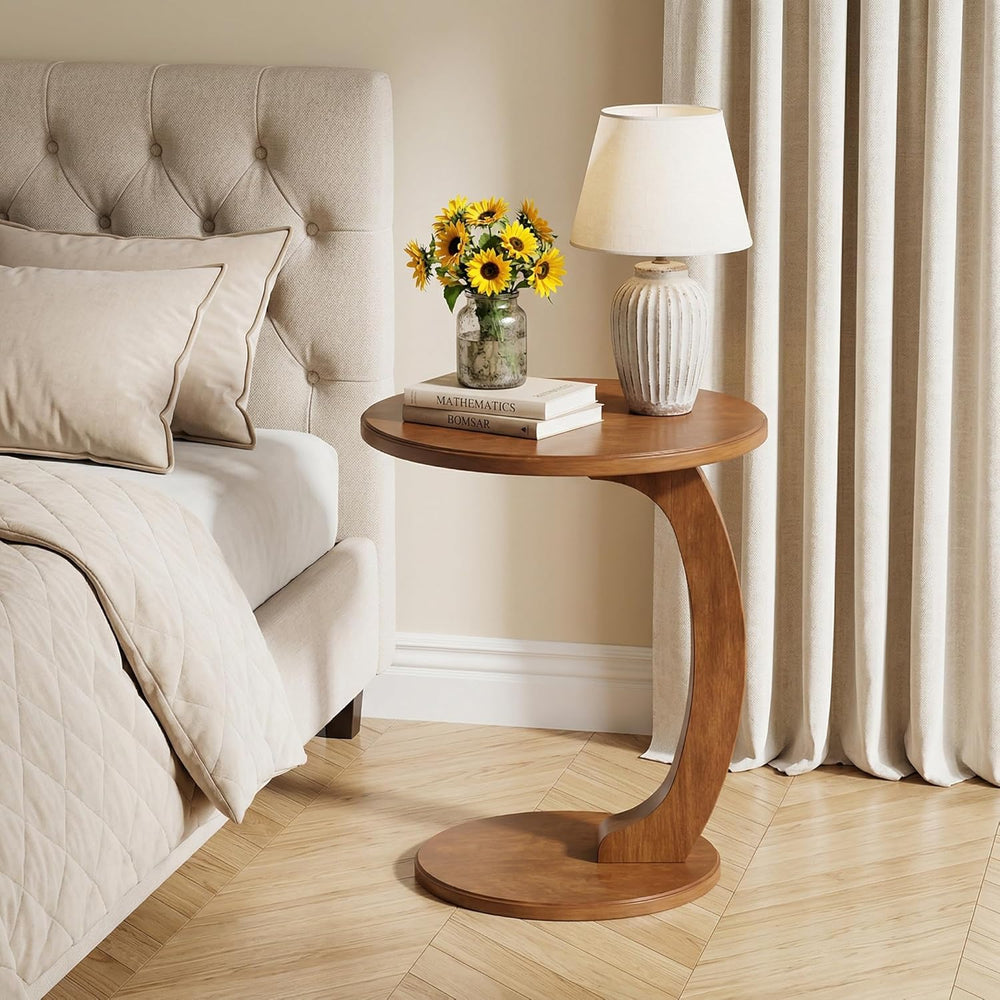 Tribesigns C Shaped End Table, Round Wood Side Table, Mid-Century Modern Styl...