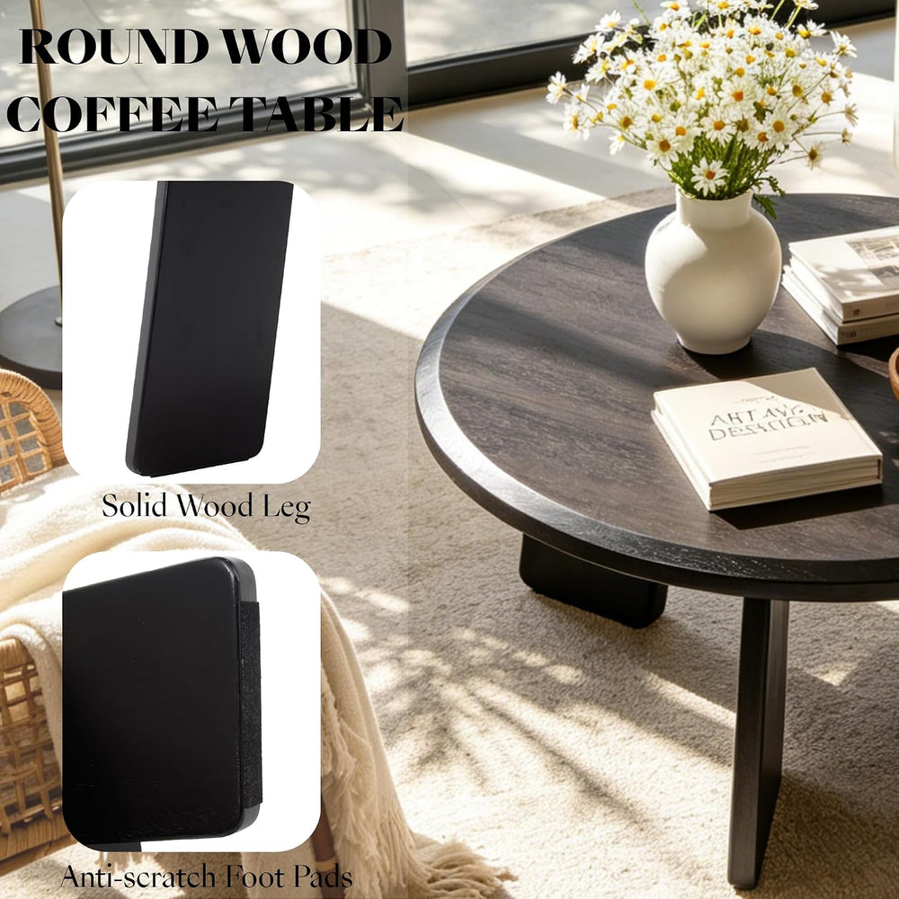 32 Inch Round Coffee Table, Solid Wood Center Table, Black