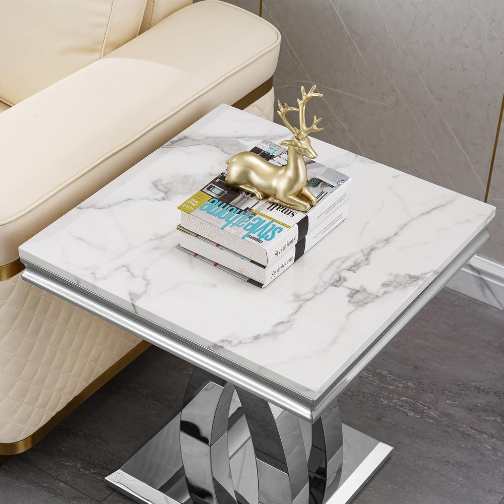 1 Piece Living Room End Table Luxury Faux Marble Sofa Side Table, Modern Whit...