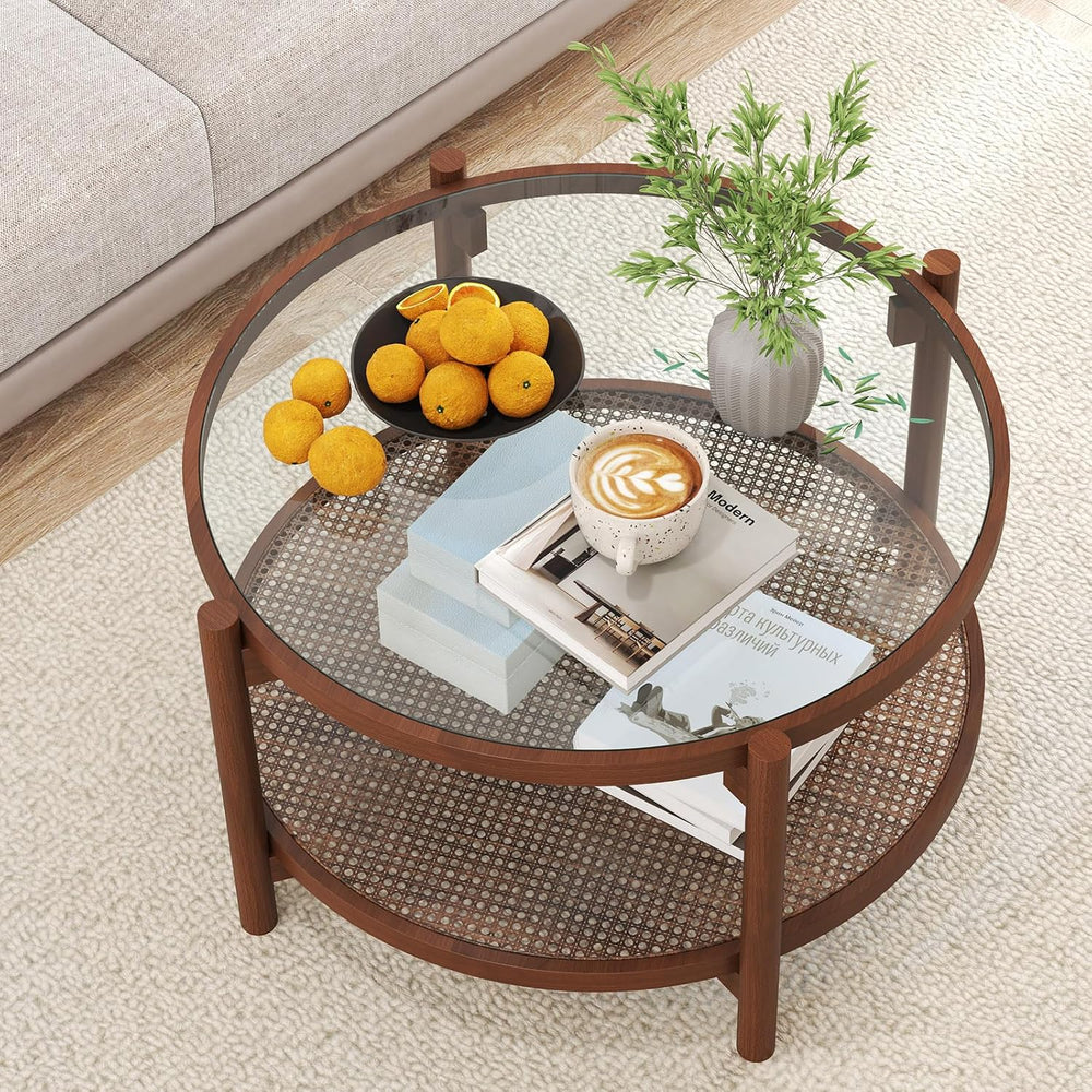 Rattan Coffee Table, 2-Tier Boho Glass Coffee Table with Solid Wood Frame &am...