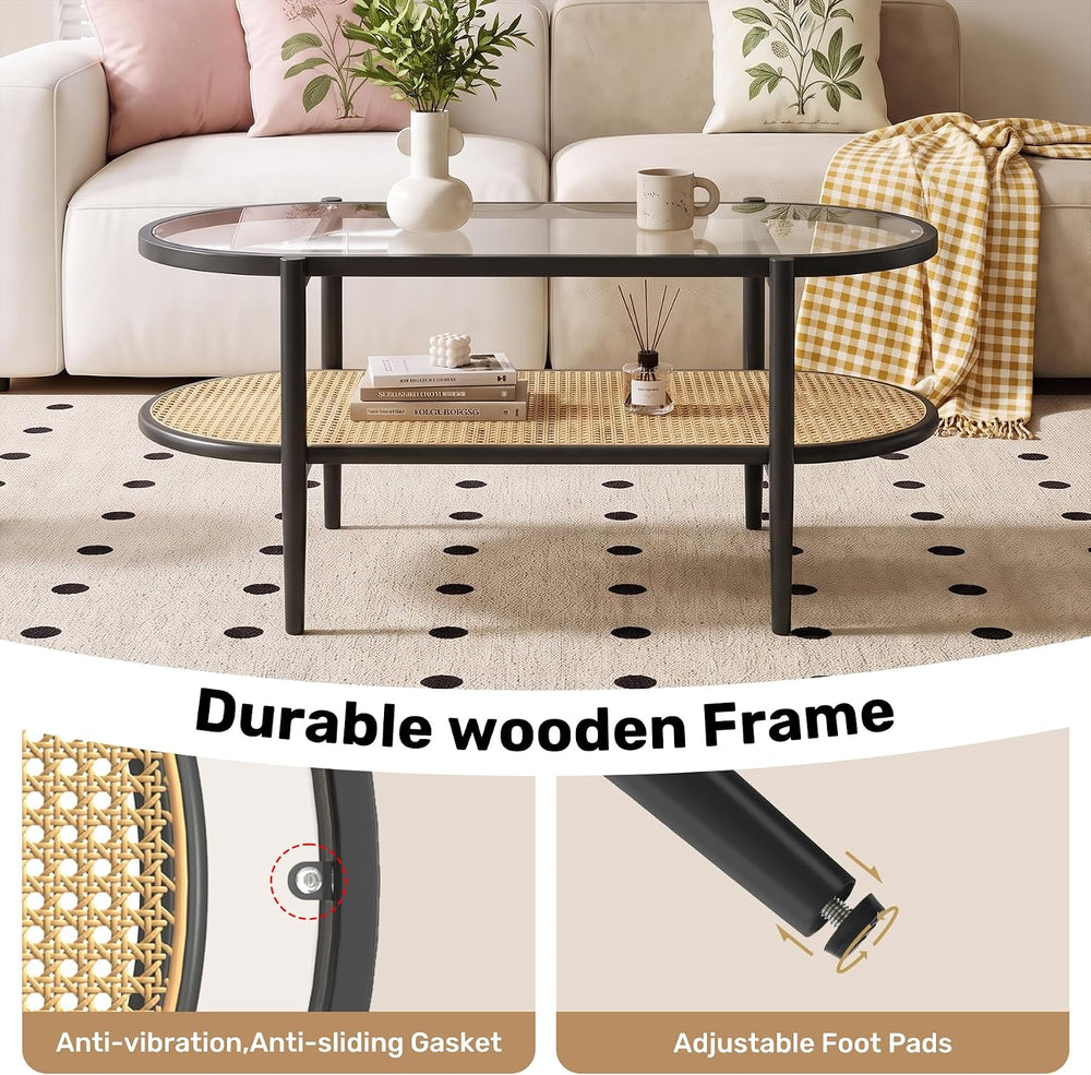 Boho Oval Coffee Table with Storage Shelf, 2-Tier Tempered Glass