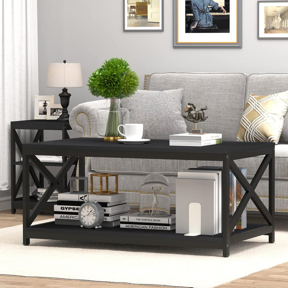 Bigbiglife Living Room Coffee Table Set of 3, Industrial X-Design Coffee Tabl...