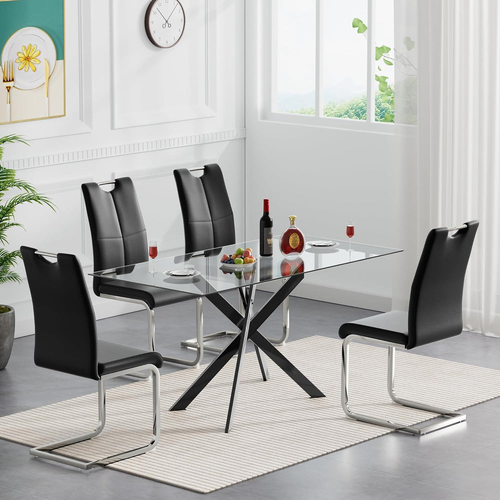 51 Inch Glass Dining Table Set for 4, Rectangular Tempered Glass Kitchen Tabl...