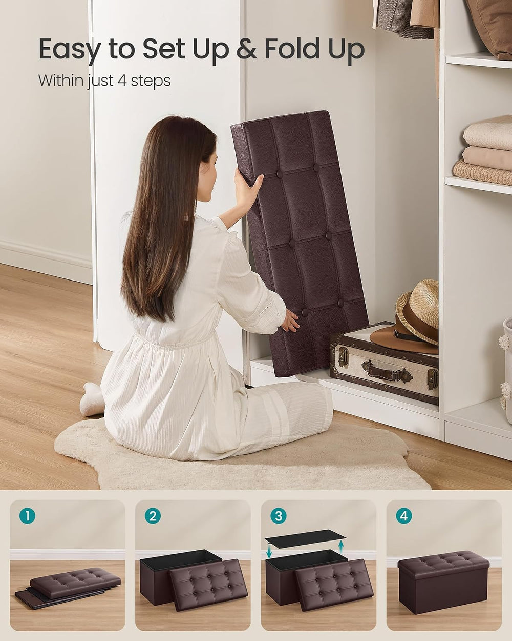 SONGMICS Storage Ottoman Bench, 30 Inches Folding Foot Rest Stool | PU Leathe...