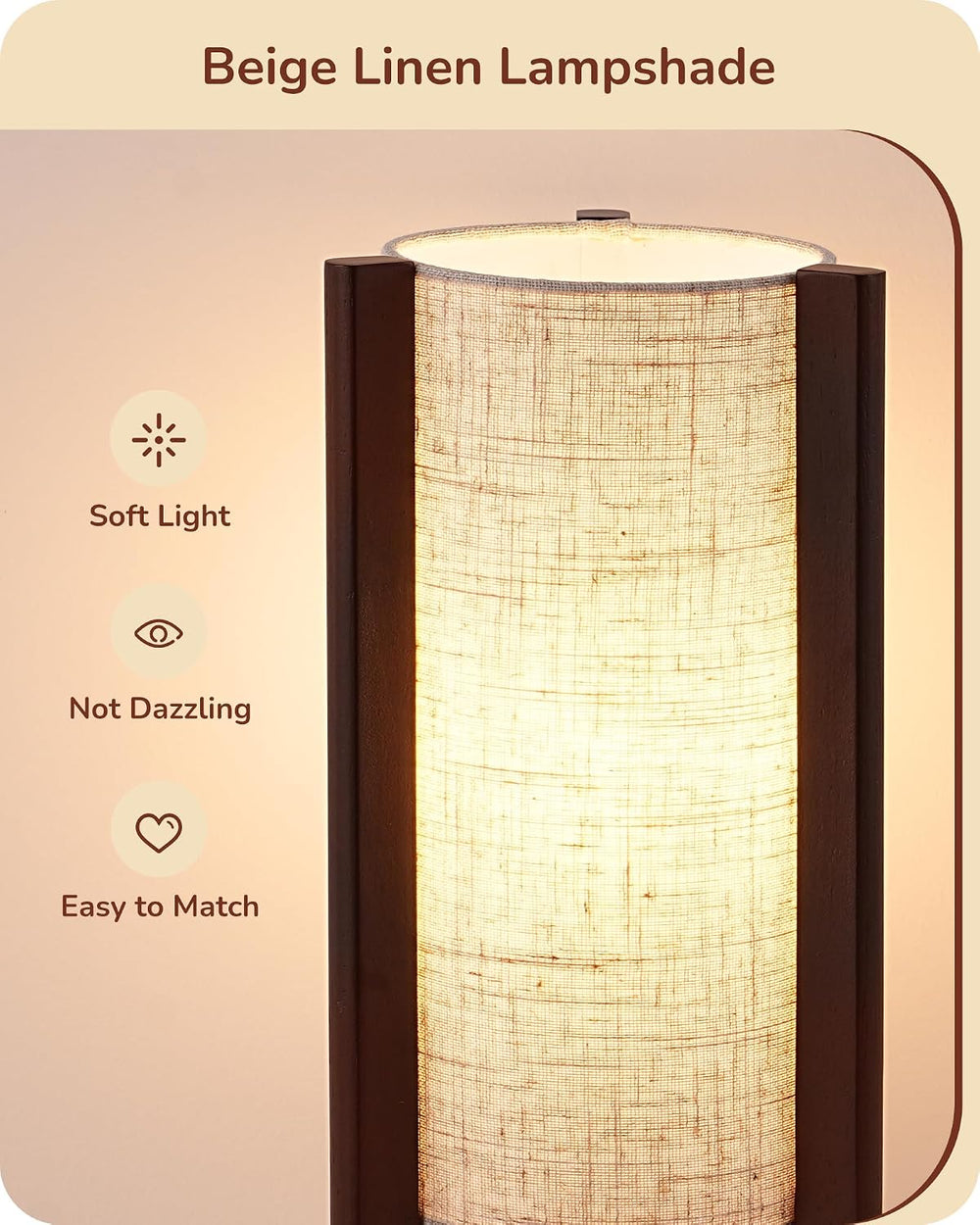 EDISHINE 13.5" Small Table Lamp, Walnut Wood Cylinder Lamp, E26 Base, 2Pack