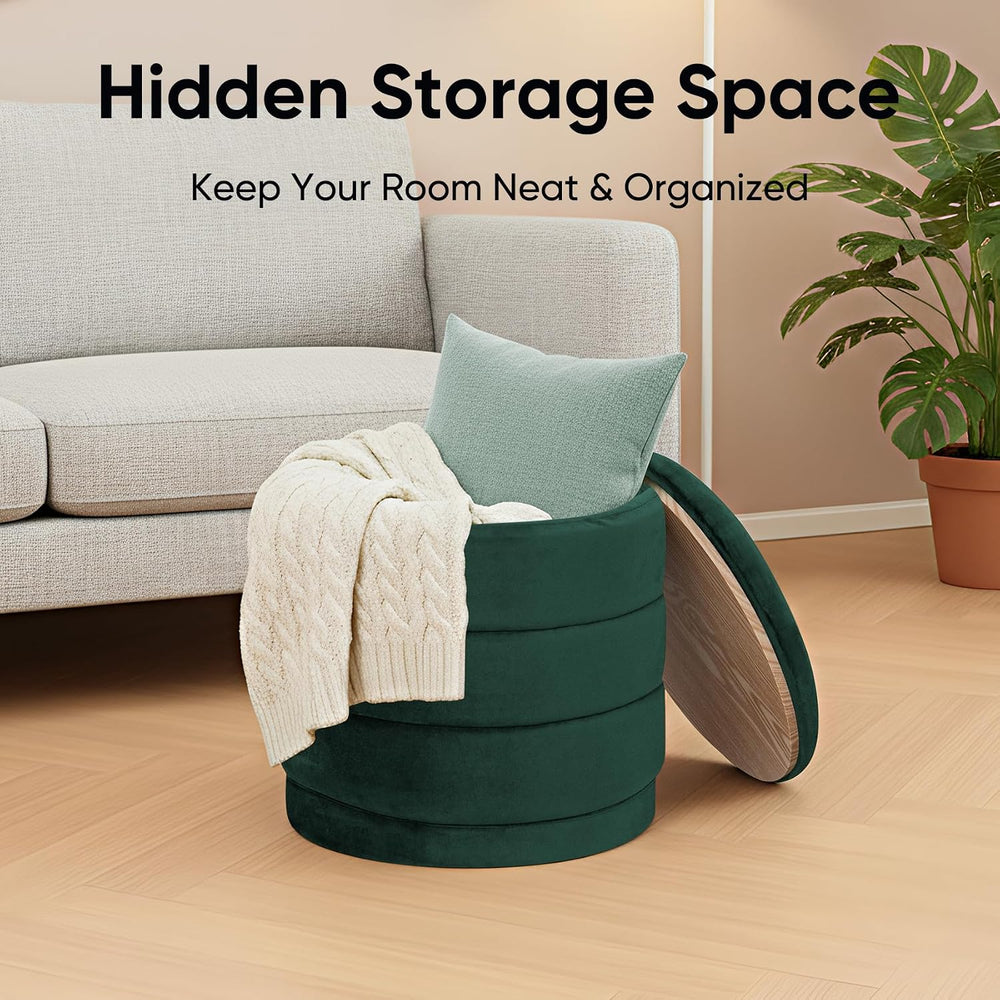 15.4" Round Velvet Storage Ottoman with Reversible Lid, Upholstered Circ...