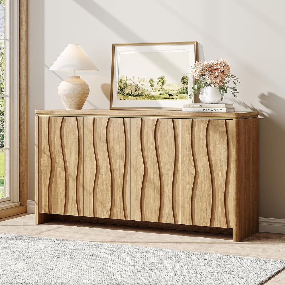 Vabches Fluted Buffet Cabinet with Storage, 3D Ripple Pattern Doors and Curve...
