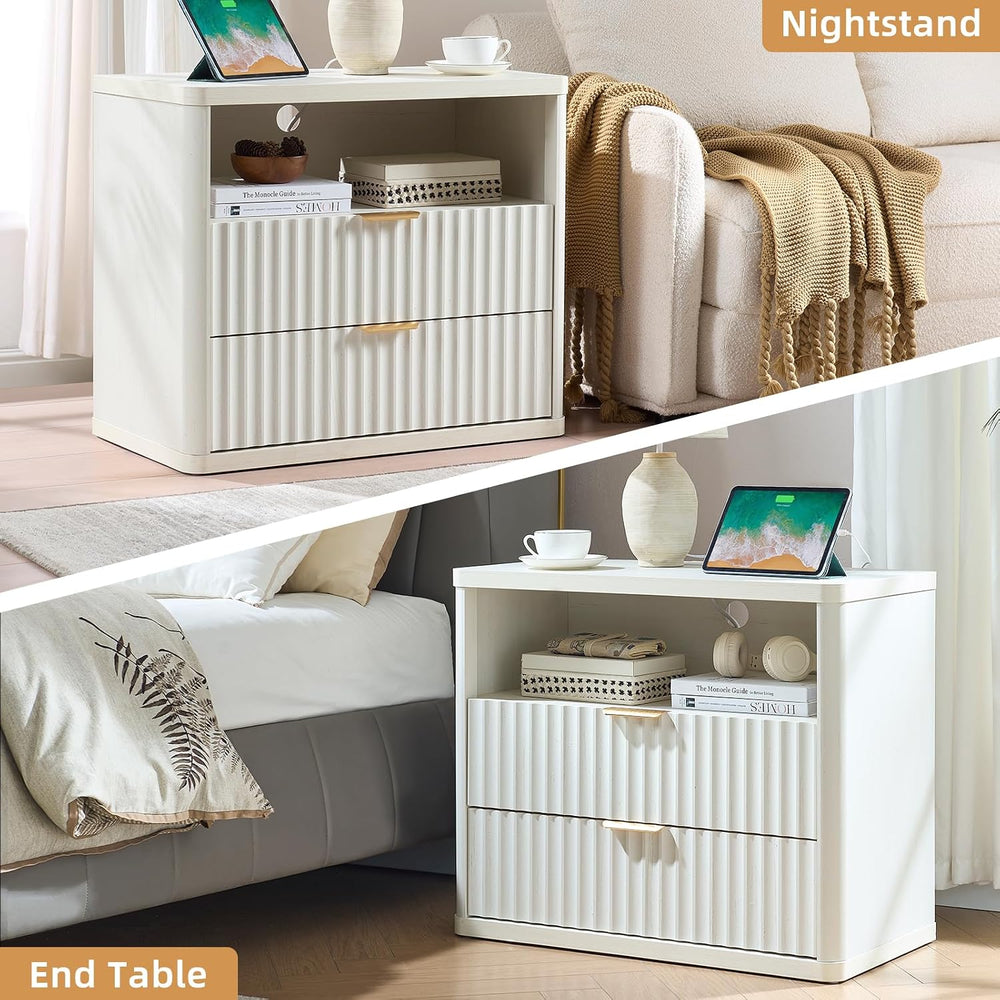 LEYAOYAO 31" Wide Fluted Nightstand Set of 2 with Charging Station, Over...