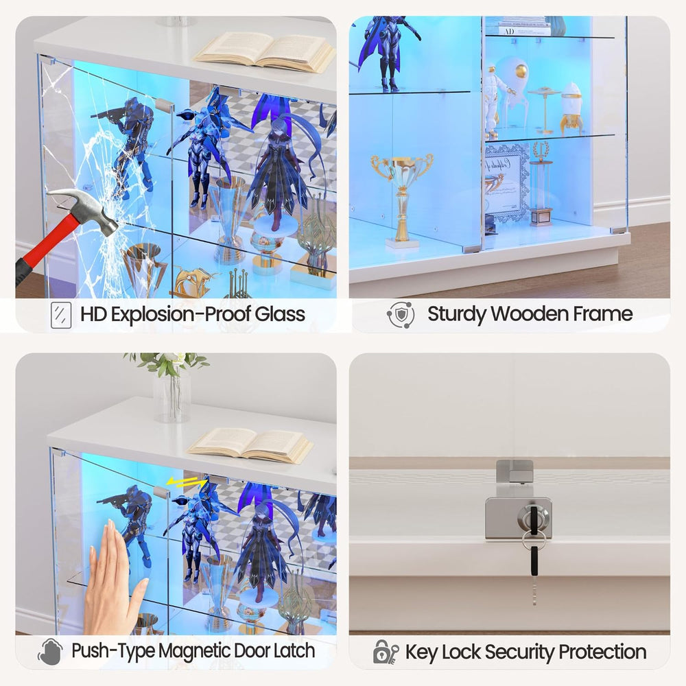 Gurexl 47.2" W Glass Display Cabinet with 3-Color LED Lights, 5-Tier Loc...
