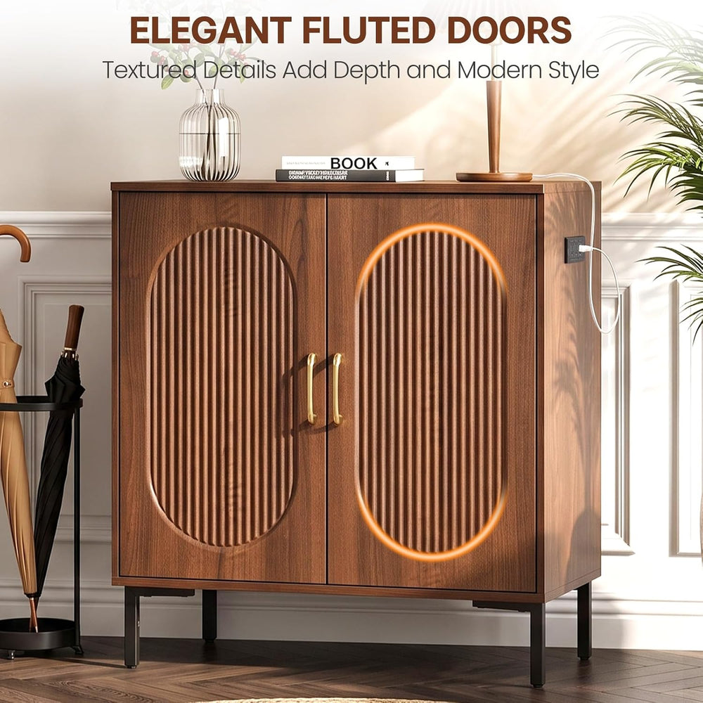 Fluted Buffet Cabinet with Charging Station and 2 Doors