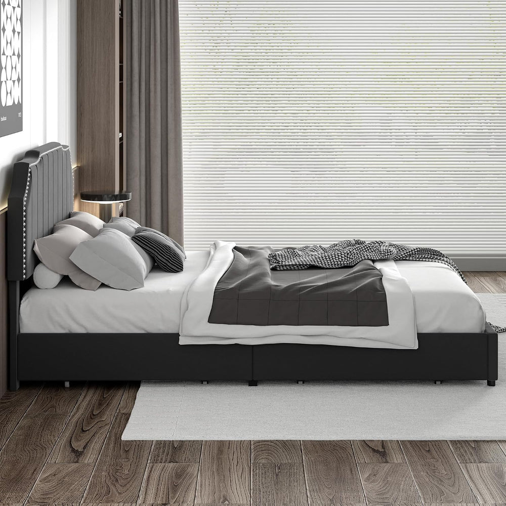 VECELO Queen Bed Frame with 4 Storage Drawers & Upholstered Platform &...