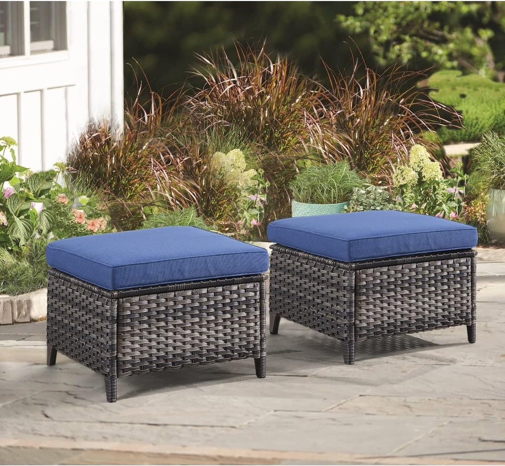 Outdoor Rattan Ottomans Wicker with Blue Cushion (Set of 2) Black Modern Cont...