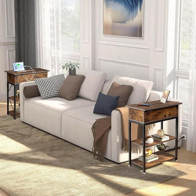 Rotating Top End Table with Charging Station, Side Table with USB Ports and O...
