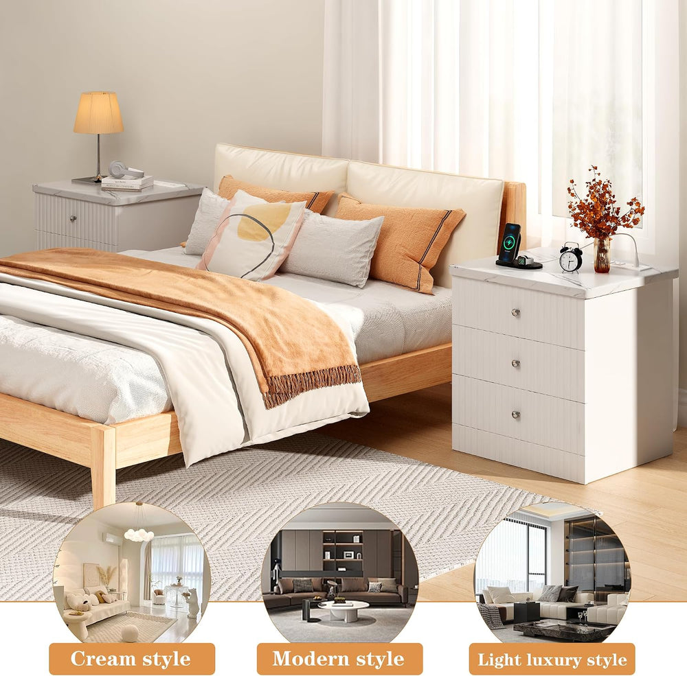 AWQM White Nightstand Set of 2, Night Stand with Charger Station and 3 Drawer...
