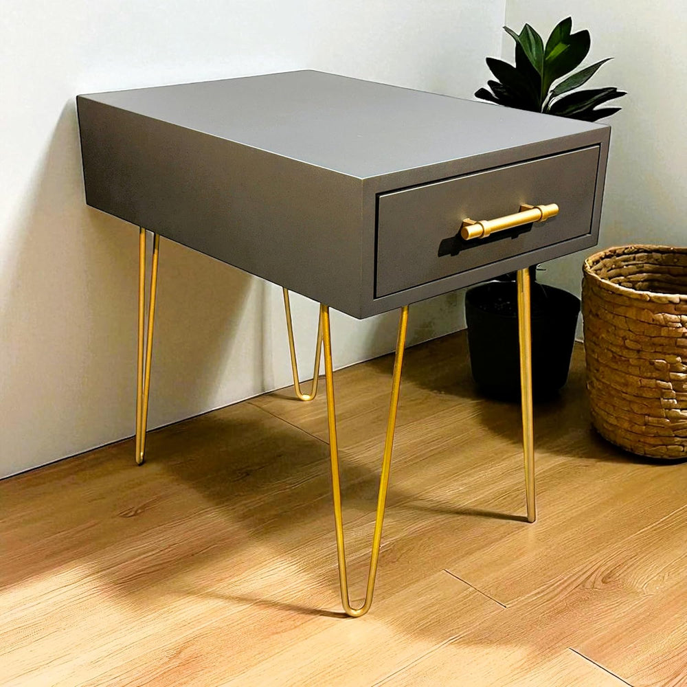Modern Side Table/Nightstand with Drawer in Gunmetal, with Brass Finish Pull ...