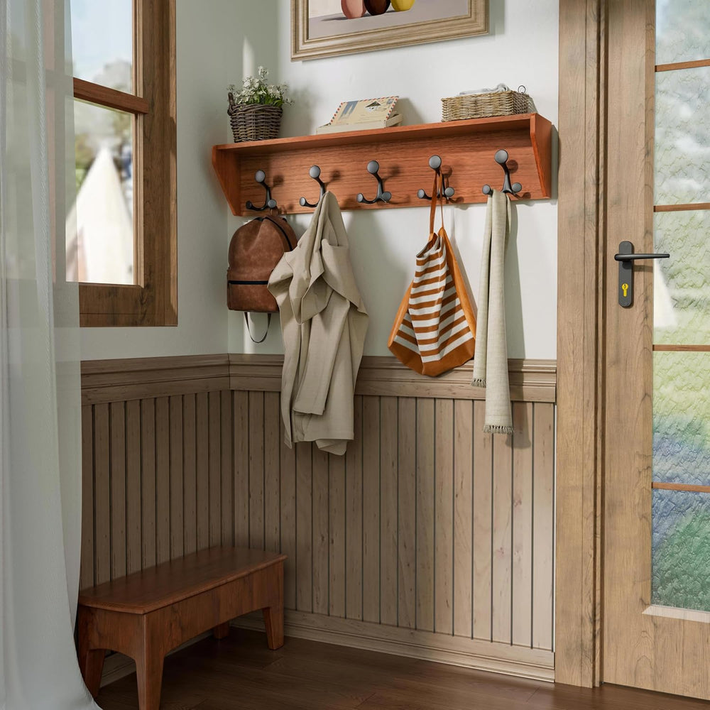 SKOLOO Wall Shelf with Hooks, 35-Inch Cherry Coat Rack Wall Mount with Shelf ...