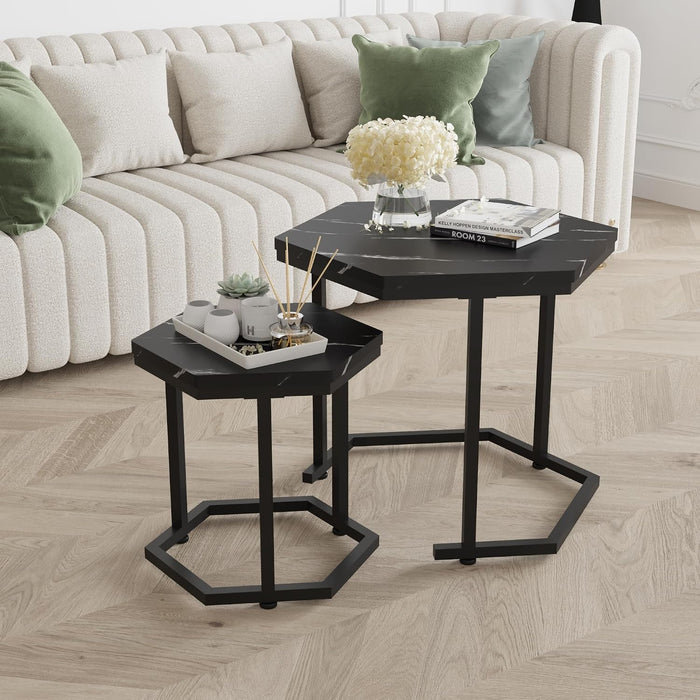 Hexagon Nesting Side Tables Set of 2, Black Marble | Space-saving hexagon nesting side tables set of 2, sturdy metal frame, waterproof MDF top, for living room bedroom
