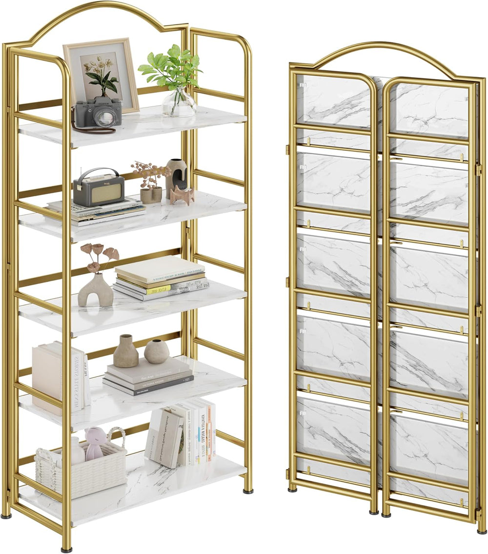 Gold Folding Bookshelf 5 Tiers, No Assembly,Vintage Storage Rack,White&Gold