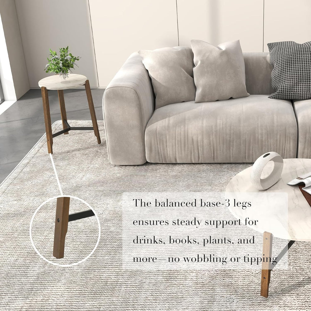 Modern White Round End Table, Side Table with Faux Marble Texture Top Industr...