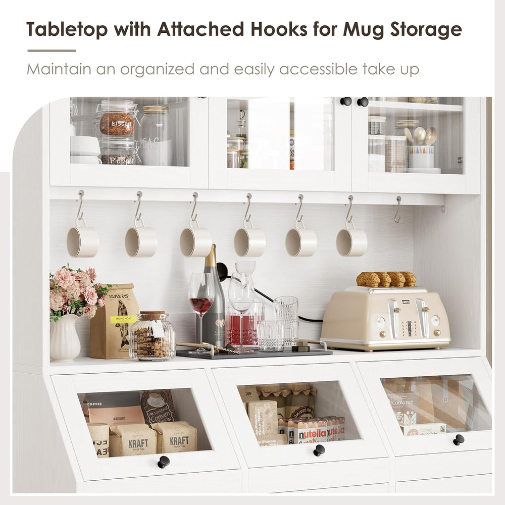 HIFIT 71.4” H Kitchen Hutch Pantry Cabinet with 3 Bread Boxes&7 Metal Hoo...