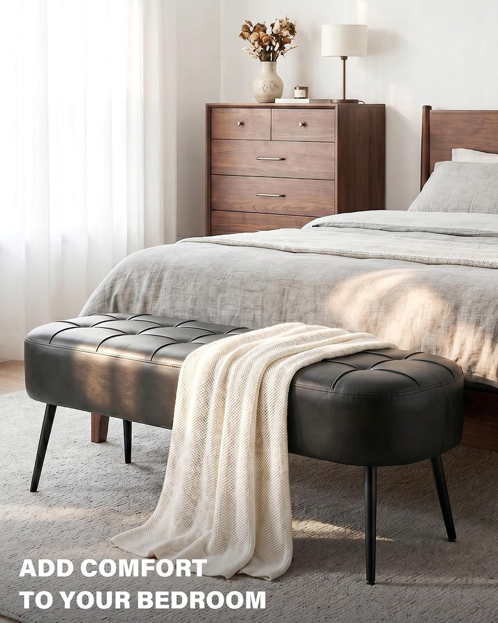Entryway Bench, Modern PU Leather Upholstered End of Bed Bench Black | 43.7&q...