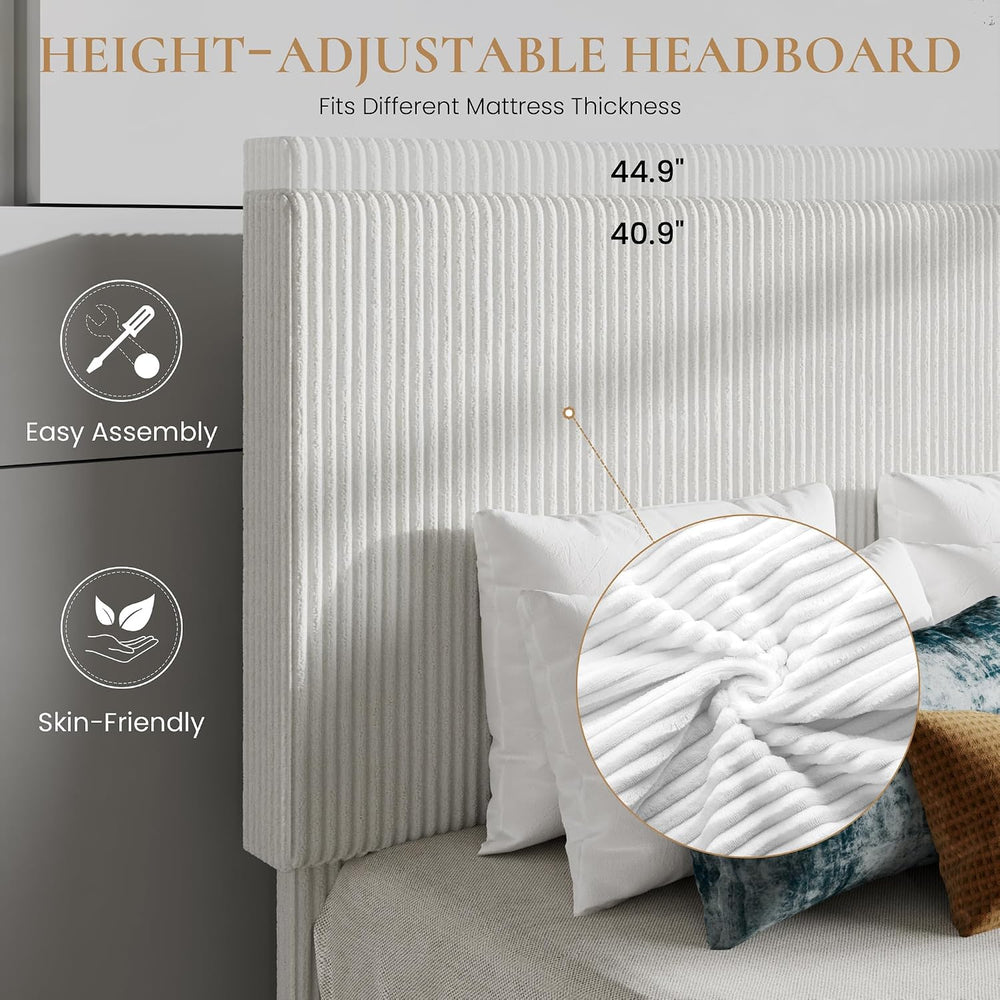 SHA CERLIN Queen Size Corduroy Bed Frame with Adjustable Headboard, White