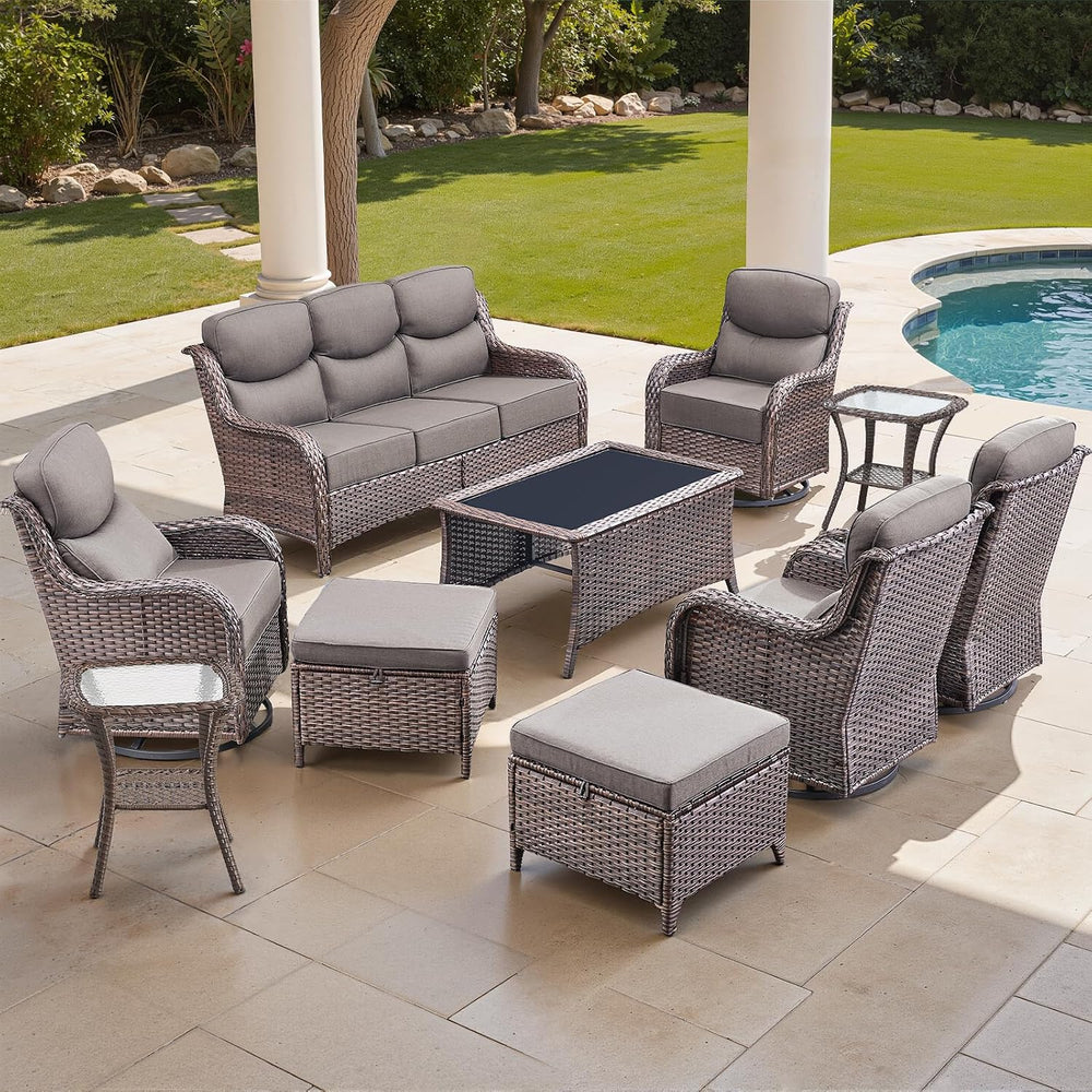 10 PCS Outdoor Furniture Set, Wicker Patio Conversation Set, Brown/Grey