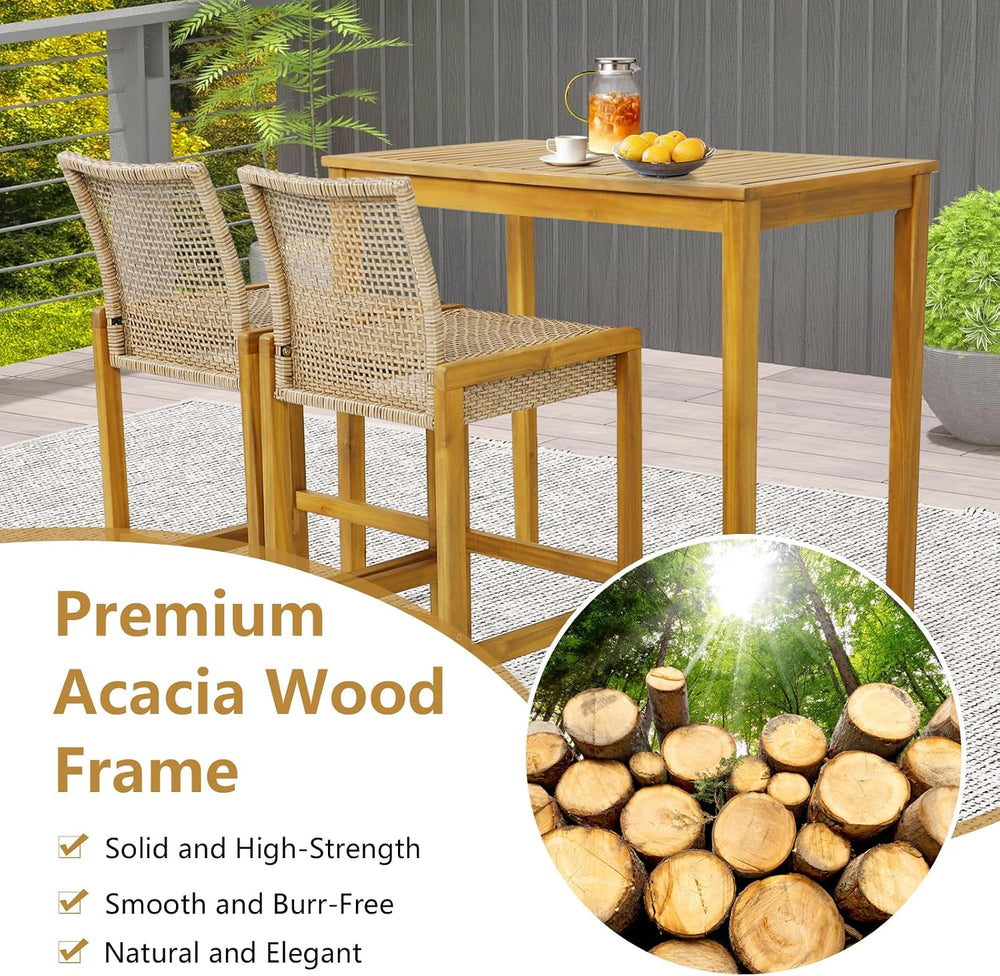 Tangkula Patio Wood Barstools Set of 2, PE Rattan Bar Height Chairs with Back...