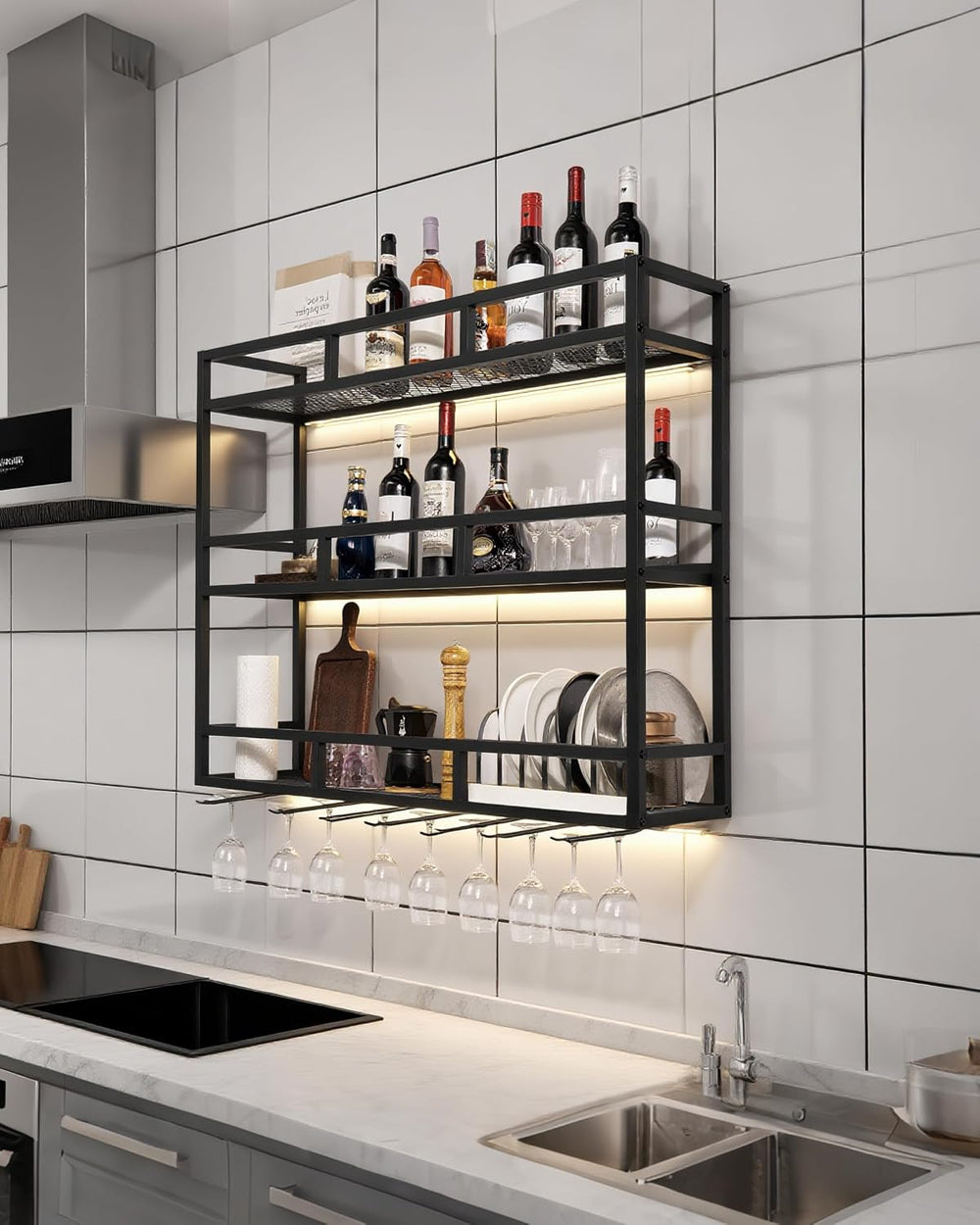 Wall-Mounted Wine Rack, 39" Metal Bar Shelves with Bottle Glass Holder |...