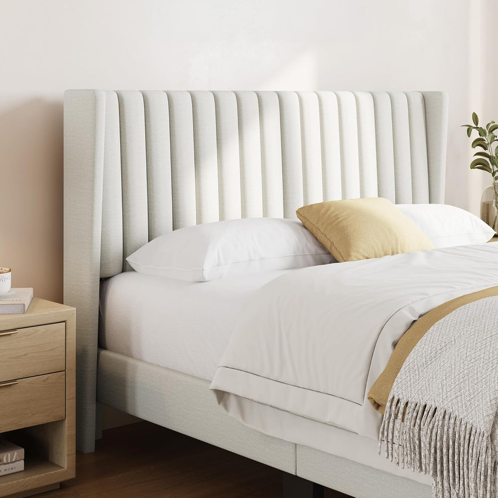 Yaheetech Queen Bed Frame with Headboard, Ivory Channel-Tufted Platform