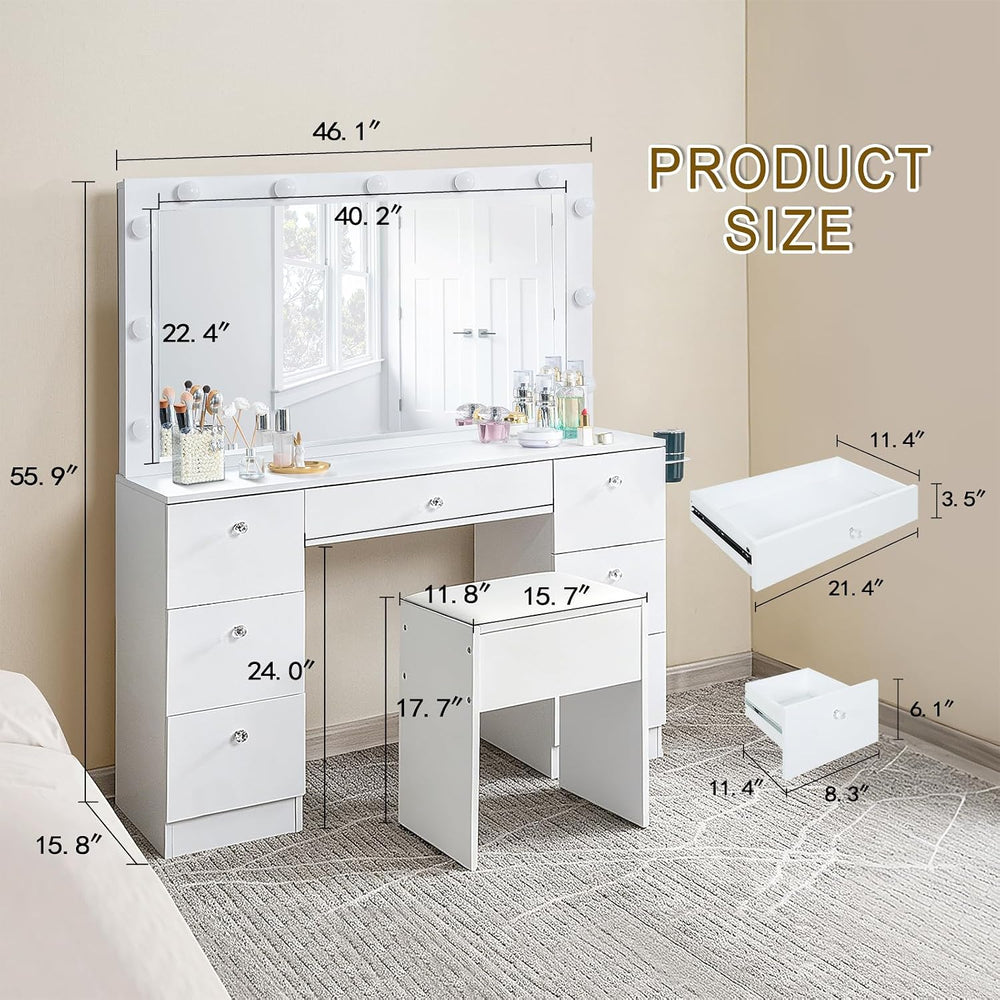 SweetGO 46" LED Lighted Makeup Vanity Desk, 7 Smooth-Glide Drawers, USB ...