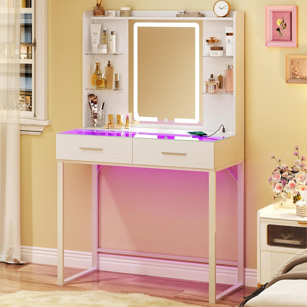 HUAHUU Vanity Desk with Mirror and LED Lights, 31" Small Makeup Vanity w...