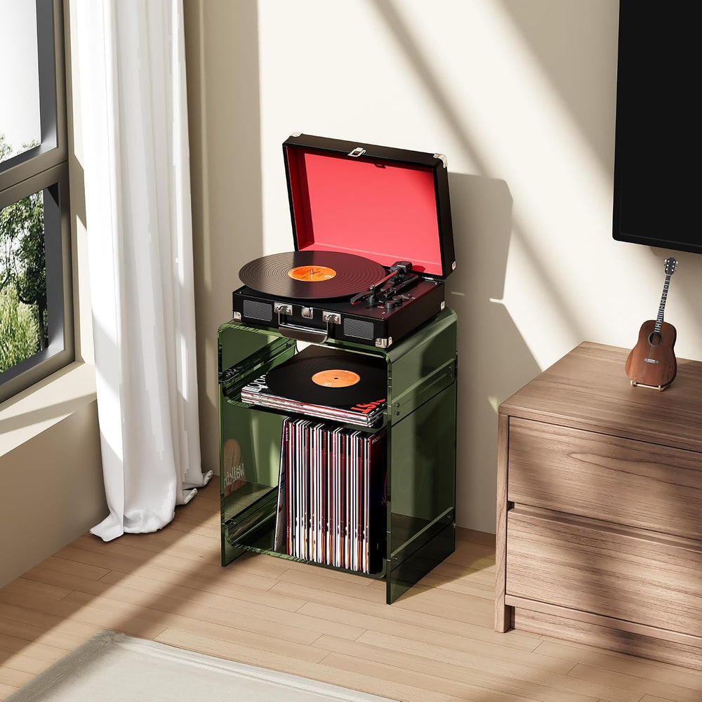 Acrylic Record Player Table with Storage Shelf, Clear Side Table Nightstand (...