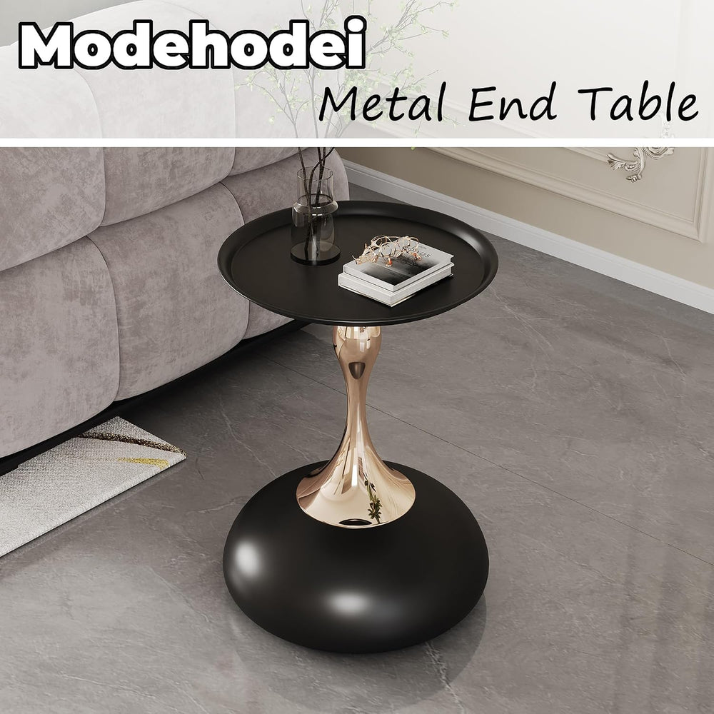 Round Side Table, Small Black End Table with Metal Pedestal, Modern Martini T...