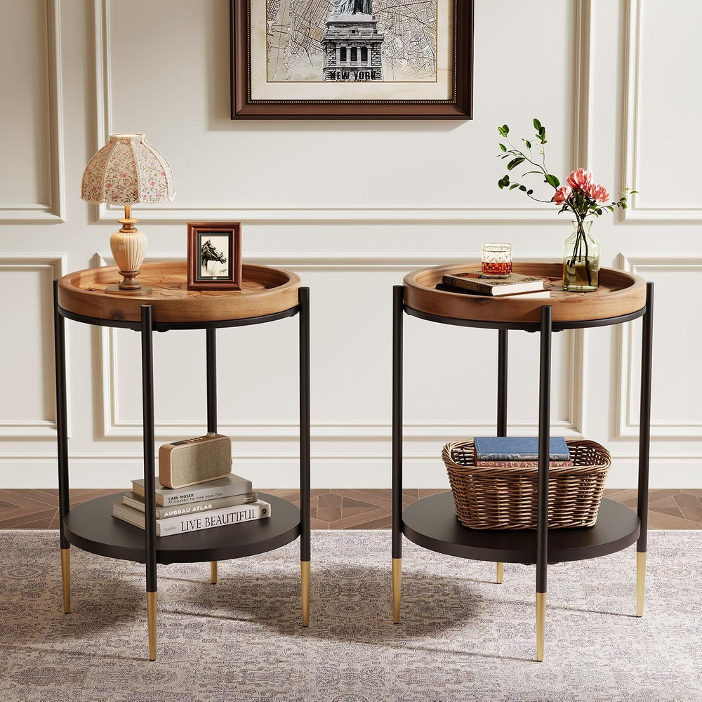 Tribesigns Round Side Table, 2-Tier End Table with Solid Wood and Metal, Indu...