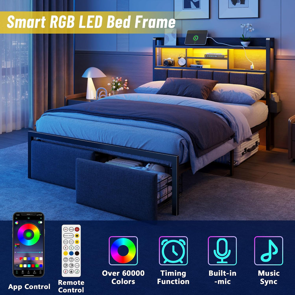 Furnulem Full Size Bed Frame with Headboard, Drawers, Charging Station, LED