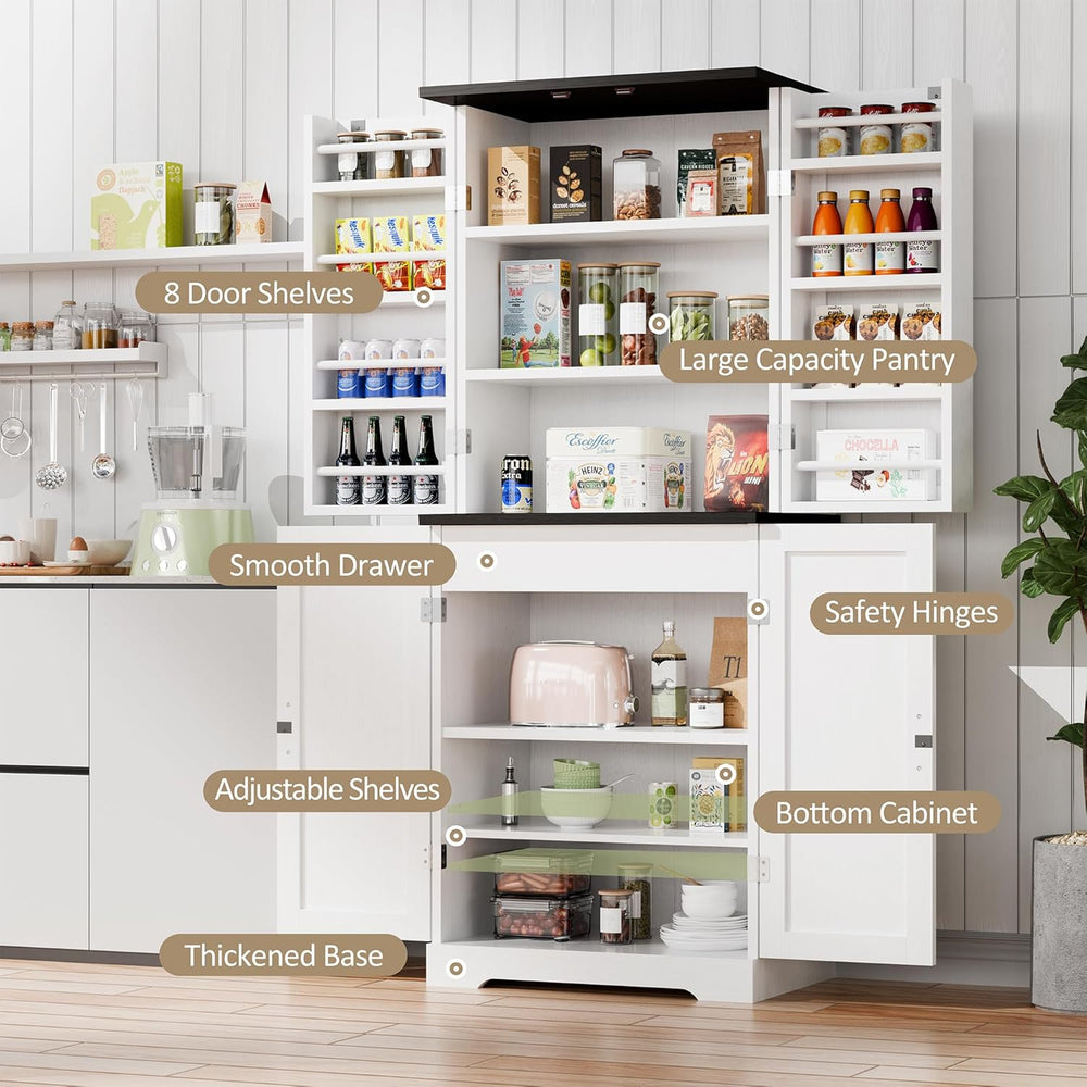 Vongrasig Kitchen Pantry Storage Cabinet with Barn Doors, Drawer and Adjustab...