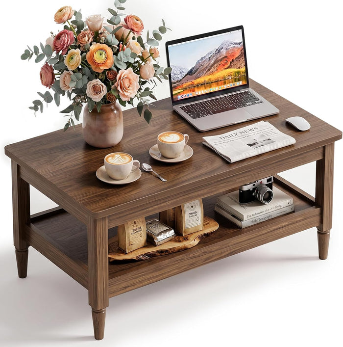 40" Farmhouse Coffee Table for Living Room, 2-Tier Rectangular Center Table with Open Storage Shelf, 300 lb Capacity, Rounded Corners, Robot Vacuum-Friendly Base(Walnut)