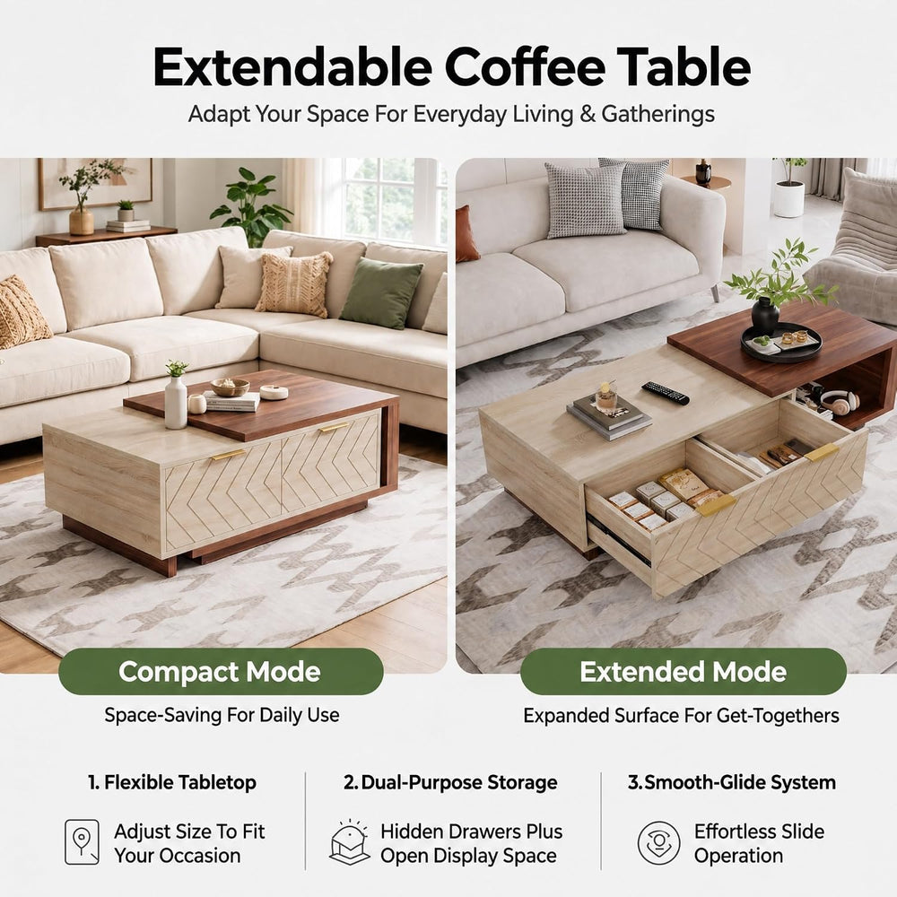Tribesigns Extendable Coffee Table with 2 Storage Drawers, Dual-Tone Center T...