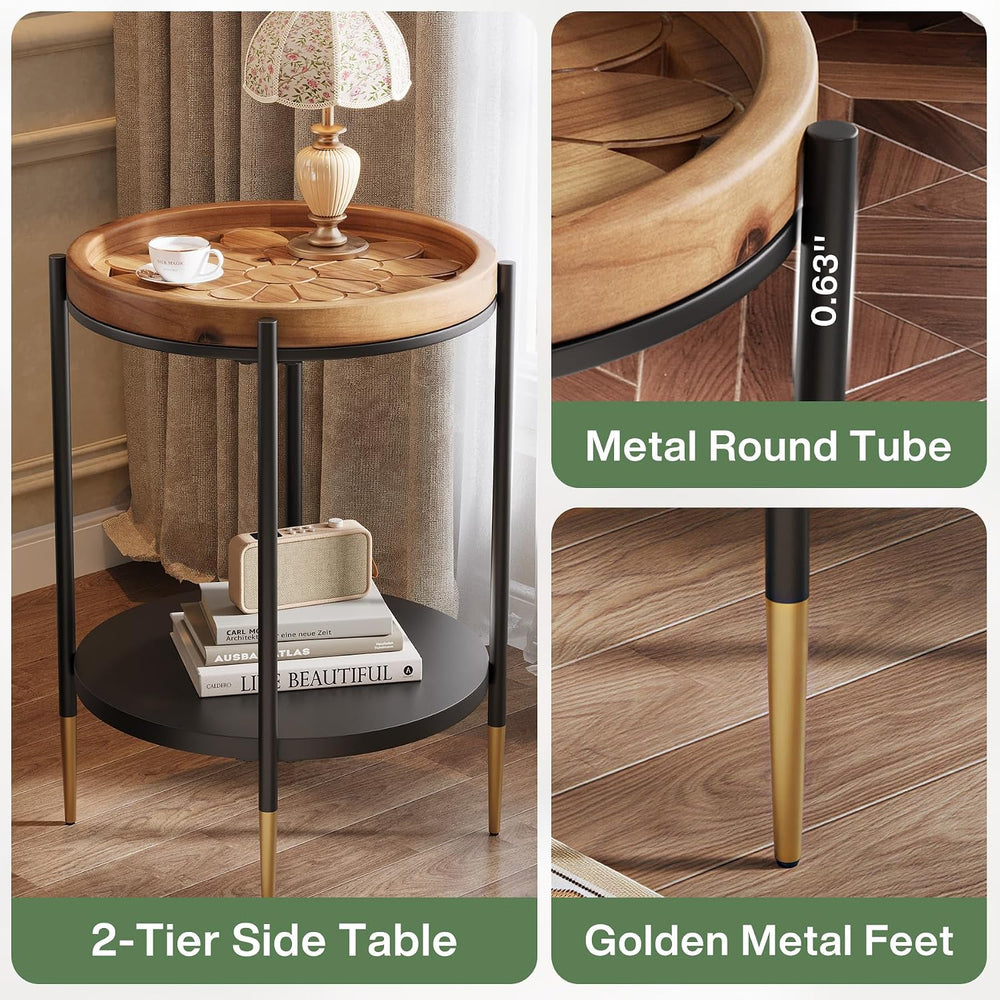 Tribesigns Round Side Table, 2-Tier End Table with Solid Wood and Metal, Indu...