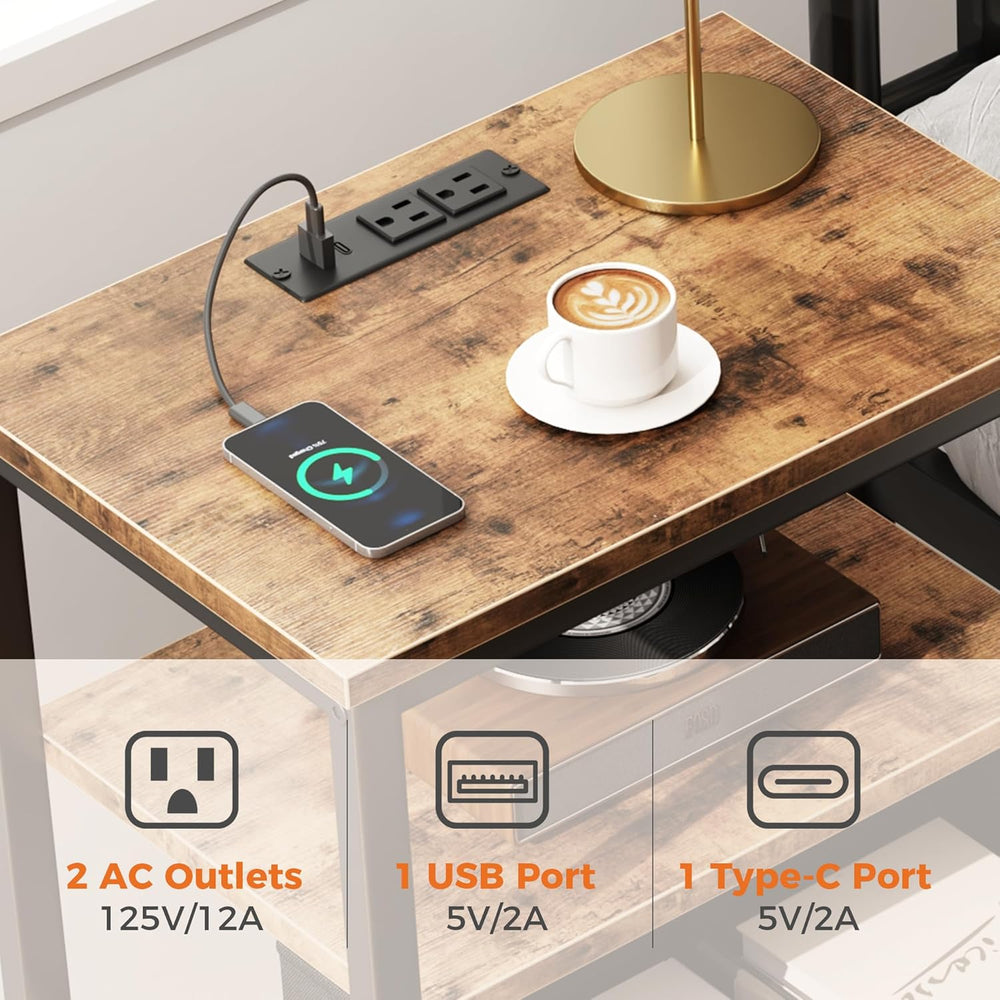 DUMOS Bedside Table with Charging Station and an Adjustable Fabric Drawer, an...