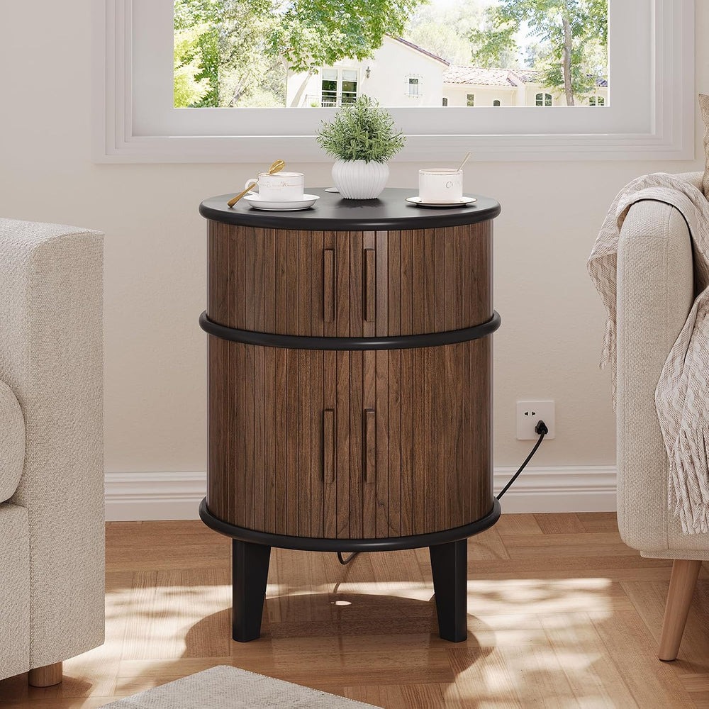 ONBRILL Fluted Round End Table with Storage, Mid-Century Modern Side Table wi...