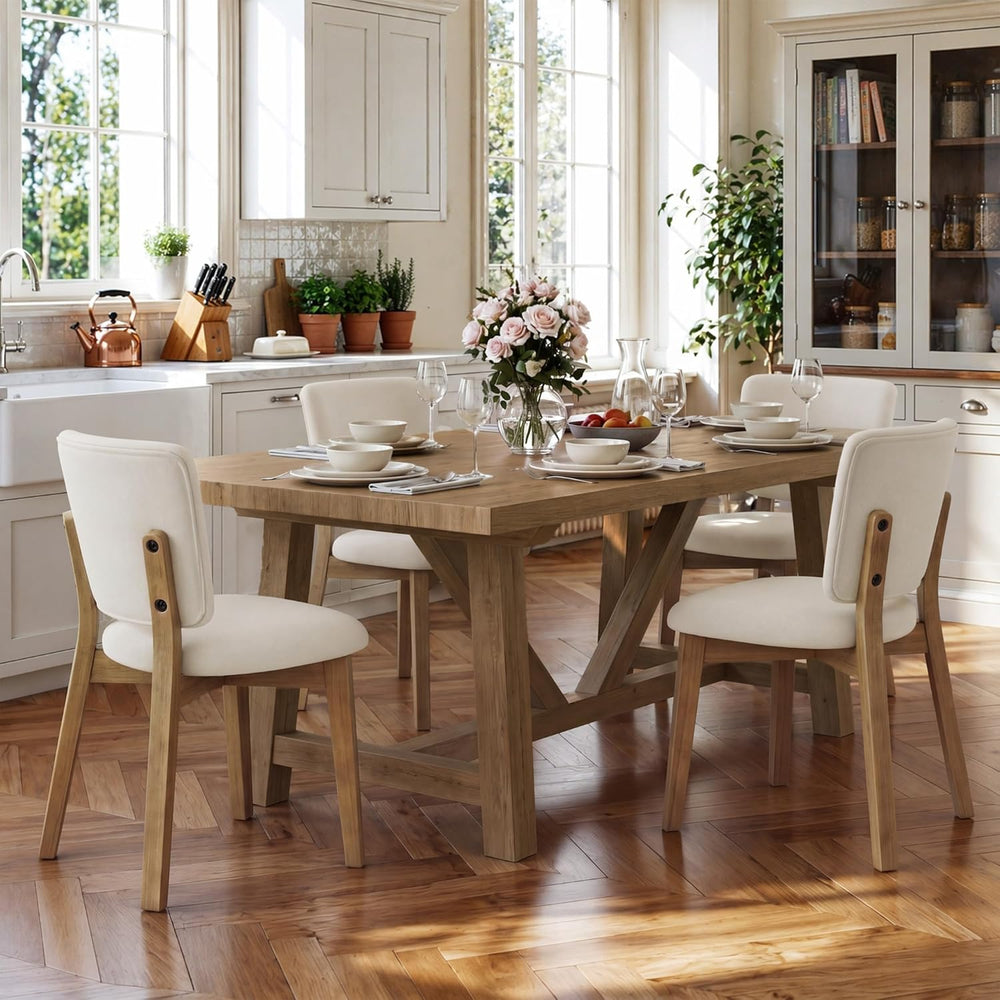 LUE BONA Linen Farmhouse Dining Chairs Set of 4, Natural Wood Leg | Comfortab...