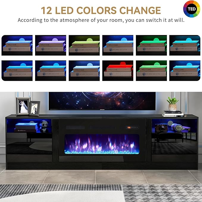 oneinmil 90” TV Stand with 50” Electric Fireplace, Large Modern Media Enterta...