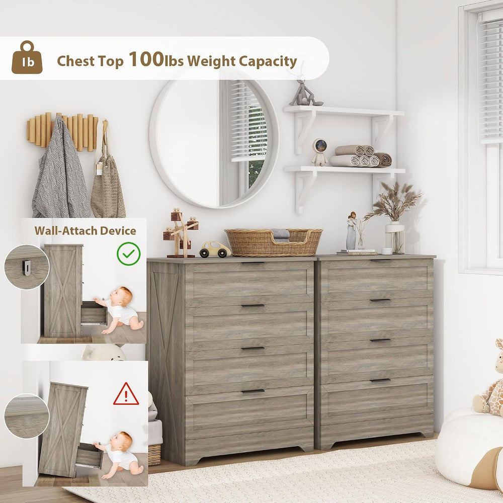Farmhouse 4 Drawer Dresser for Bedroom, Tall Bedroom Dresser, Rustic Gray