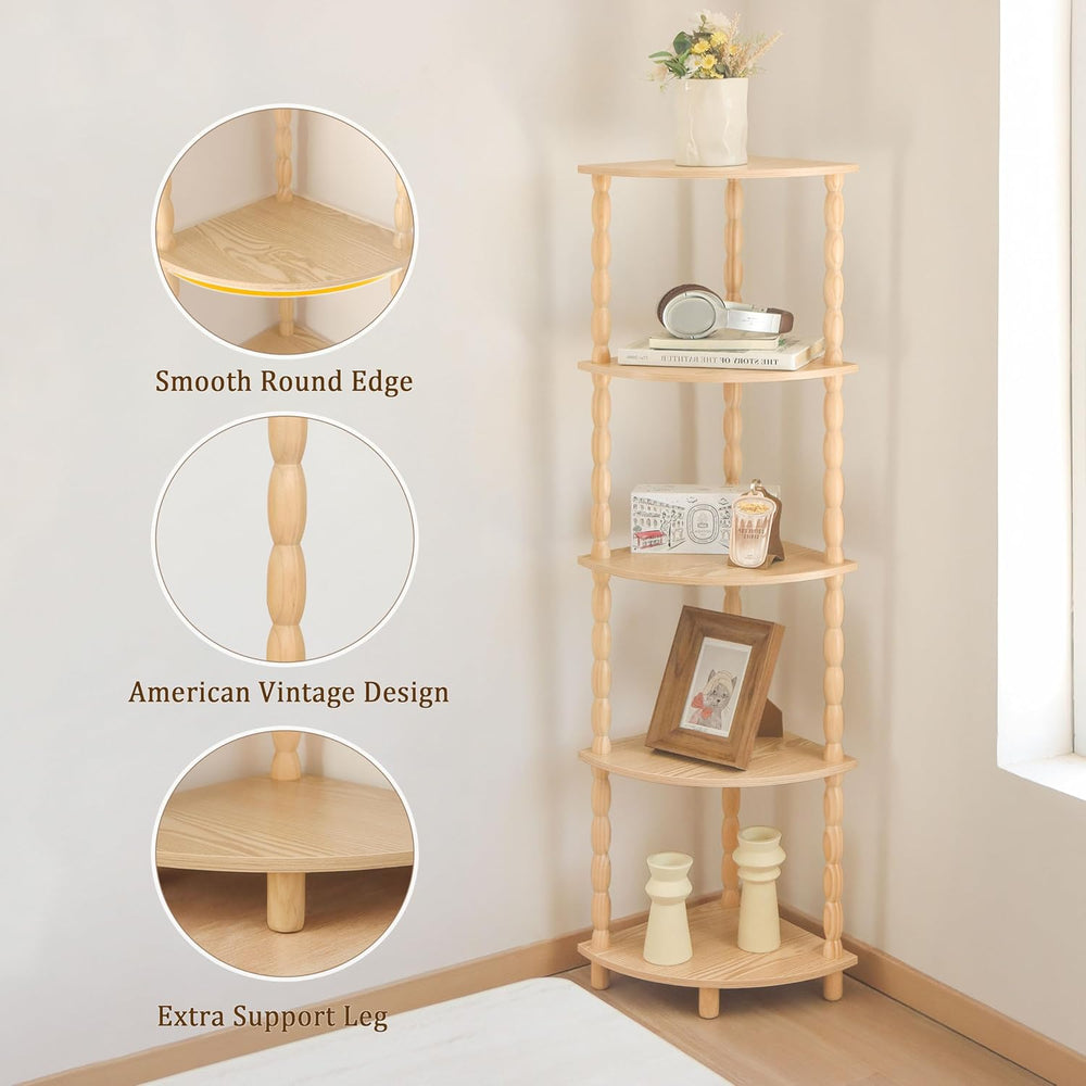 Corner Shelf, 5-Tier Corner Bookshelf for Small Spaces, Stylish Corner Storag...
