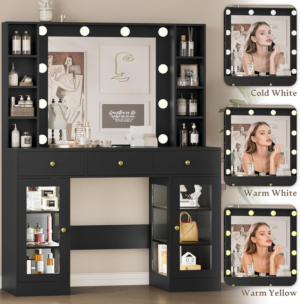 Wodeer Makeup Vanity Desk with Mirror and Lights, Black Vanity with Glass Top...