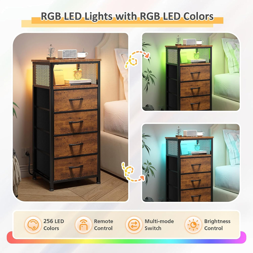 EnHomee LED Nightstand with Charging Station, Bedside Table with Fabric Drawe...