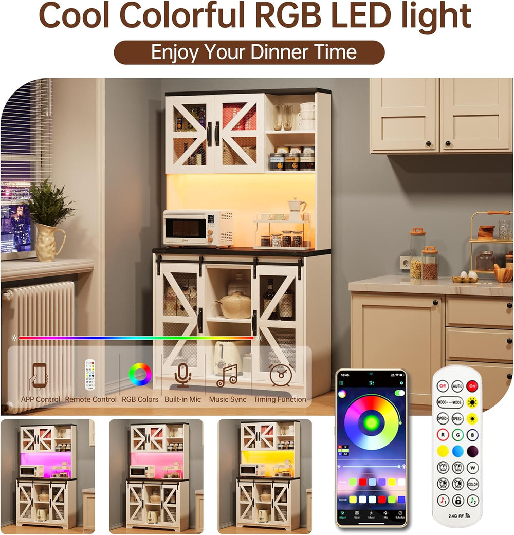 71" Tall Farmhouse Pantry Storage Cabinet With LED Lights and Charging S...