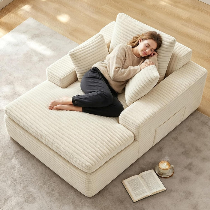 Chaise Lounge Chair Indoor, 63" Boneless Lounge Chair with Plush Corduroy, Modern Couch Bed with Arms, Pillows, Deep Seat Sleeper Chair for Bedroom, Living Room, No Assembly Required, Beige